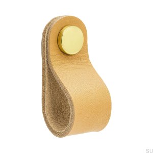 Poignée de meuble Loop Round 65, cuir naturel avec or