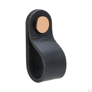 Poignée de meuble Loop Round 65, cuir noir avec cuivre