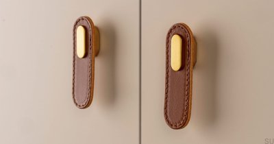 Bouton de meuble oblong en cuir marron avec or brossé