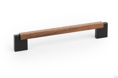Poignée de meuble oblongue Duo Mini 160 en bois de noyer italien et aluminium noir