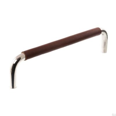 Poignée de meuble oblongue LS 7353 96 Nickel poli avec cuir marron foncé