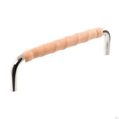 Poignée de meuble oblongue LL 7353 96 Nickel poli avec cuir naturel