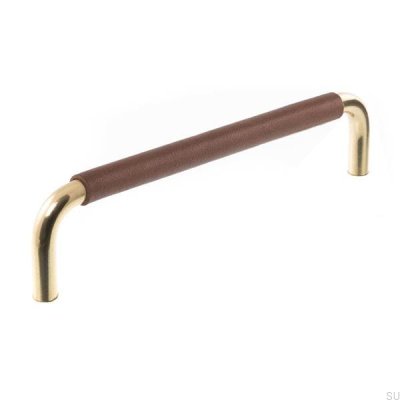 Poignée de meuble oblongue LS 7353 96 Or poli avec cuir marron