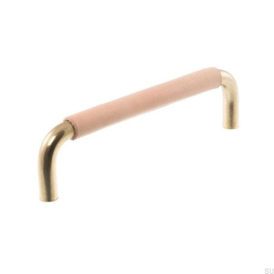 Poignée de meuble oblongue LL 7353 96 Or poli avec cuir naturel