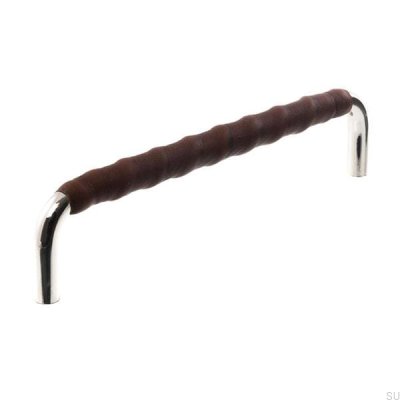 Poignée de meuble oblongue LL 7353 128 Nickel poli avec cuir marron foncé