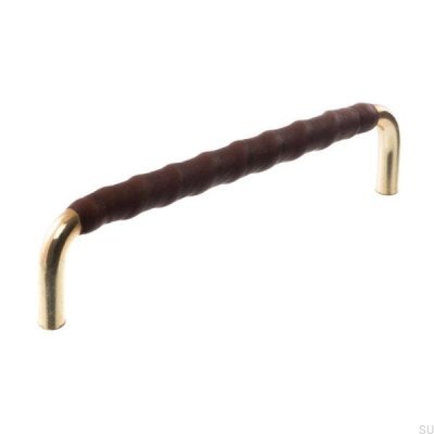 Poignée de meuble oblongue LL 7353 128 Or poli avec cuir marron foncé