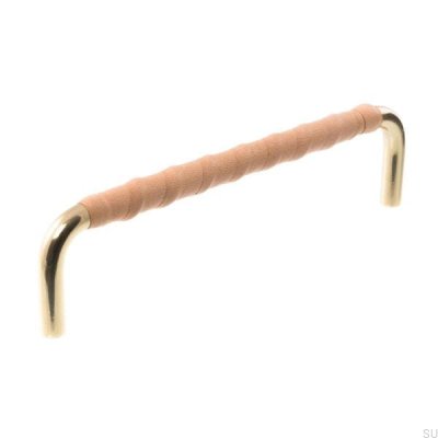 Poignée de meuble oblongue LL 7353 128 Or poli avec cuir naturel