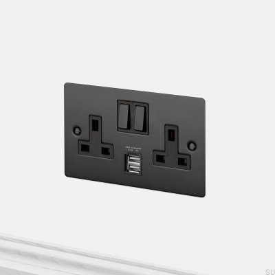 Double prise USB 3.1A Type G UK 2G en acier noir conforme aux normes britanniques
