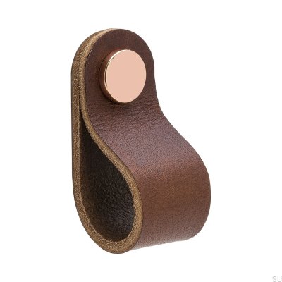 Bouton de meuble Loop Round 65, cuir marron et cuivre