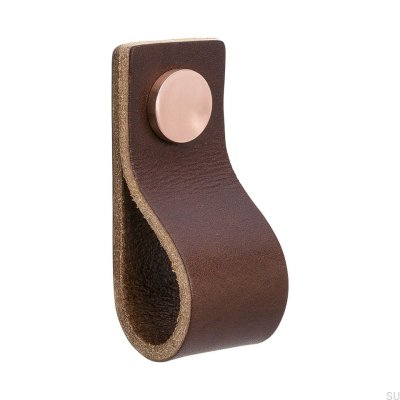 Bouton de meuble Loop 65, cuir marron et cuivre