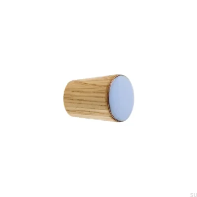 Bouton de meuble simple cône bois émaillé bleu clair huile incolore semi-mat