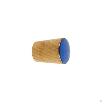 Bouton de meuble simple cône bois émaillé bleu chaud huile incolore semi-mat