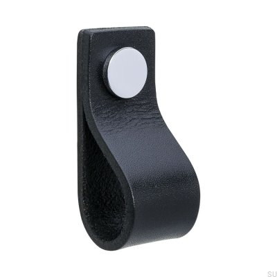 Bouton de meuble Loop 65, cuir noir et chrome