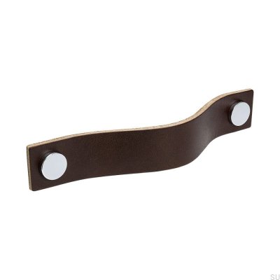 Poignée de meuble allongée Loop 128 Cuir Marron avec Chrome