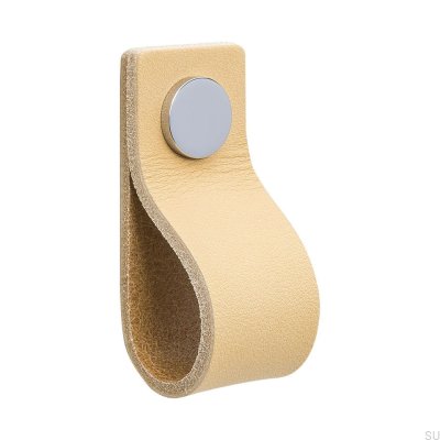 Bouton de meuble Loop 65, cuir naturel avec chrome