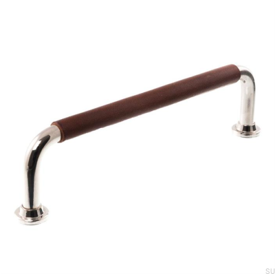 Poignée de meuble oblongue LS 1353 96 Nickel poli avec cuir marron foncé