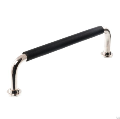 Poignée de meuble oblongue LS 1353 96 Nickel Poli avec Cuir Noir