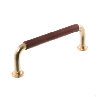 Poignée de meuble oblongue LS 1353 96 Laiton poli avec cuir marron foncé