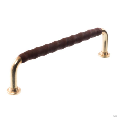 Poignée de meuble oblongue LL 1353 96 Laiton poli et cuir marron foncé