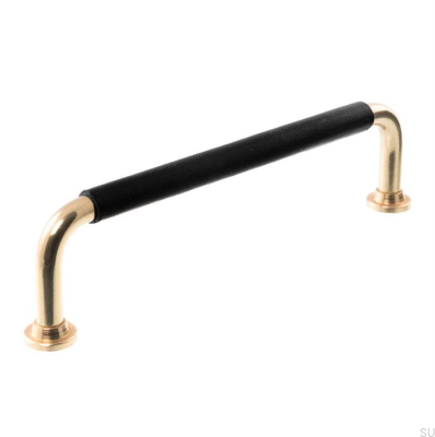 Poignée de meuble oblongue LS 1353 96 Laiton poli et cuir noir