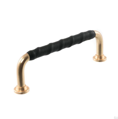 Poignée de meuble oblongue LL 1353 96 Laiton poli et cuir noir