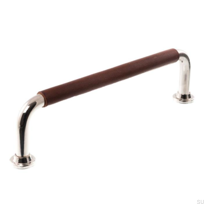 Poignée de meuble oblongue 1132LS 1353 128 Nickel poli et cuir marron