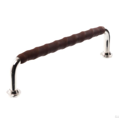 Poignée de meuble oblongue 1132LL 1353 128 Nickel poli et cuir marron