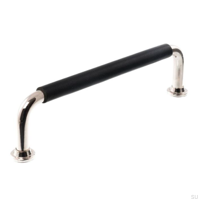 Poignée de meuble oblongue LS 1353 128 Nickel Poli avec Cuir Noir