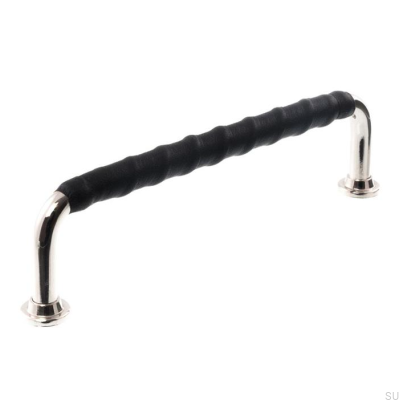 Poignée de meuble oblongue LL 1353 128 Nickel Poli et Cuir Noir