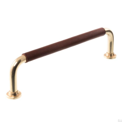 Poignée de meuble oblongue 0132LS 1353 128 Laiton poli et cuir marron