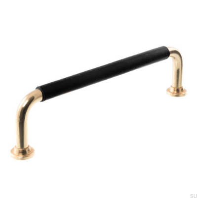 Poignée de meuble oblongue LS 1353 128 Laiton poli et cuir noir