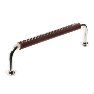 Poignée de meuble oblongue LX 1353 96 Nickel Poli avec Cuir Marron Foncé