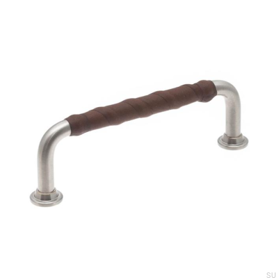 Poignée de meuble allongée 1353 96 Nickel brossé avec cuir marron