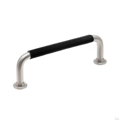 Poignée de meuble oblongue LS 1353 96 Nickel brossé et cuir noir