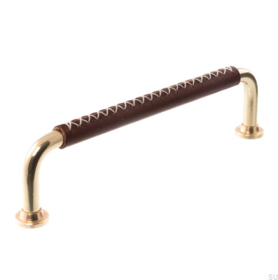Poignée de meuble oblongue LX 1353 96 Laiton Poli et Cuir Marron Foncé