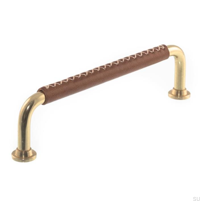 Poignée de meuble oblongue LX 1353 96 Laiton Poli et Cuir Marron