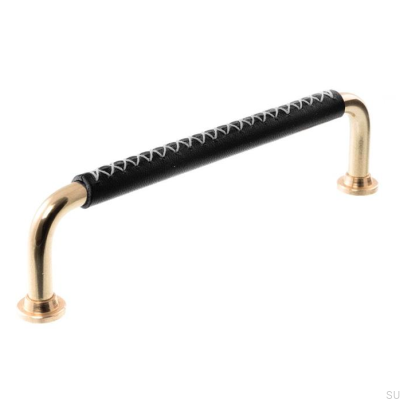 Poignée de meuble oblongue LX 1353 96 Laiton Poli et Cuir Noir