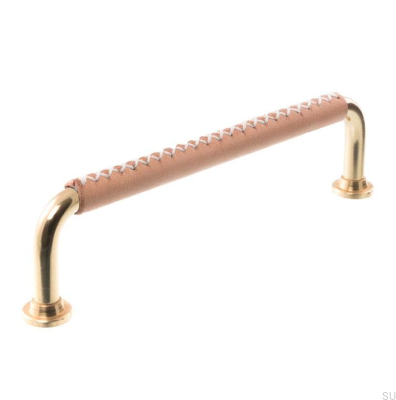 Poignée de meuble allongée 1353 96 Laiton poli avec cuir