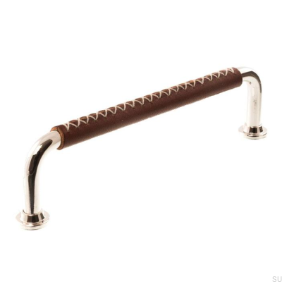 Poignée de meuble oblongue 1131LX 1353 128 Nickel Poli et Cuir Marron