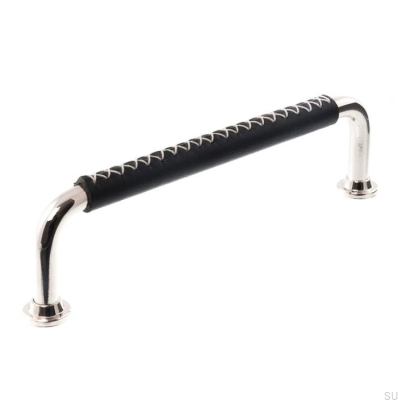 Poignée de meuble oblongue LX 1353 128 Nickel Poli et Cuir Noir