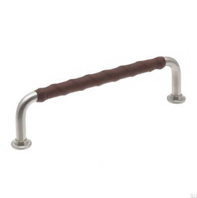 Poignée de meuble oblongue LL 1353 128 Nickel brossé et cuir marron foncé