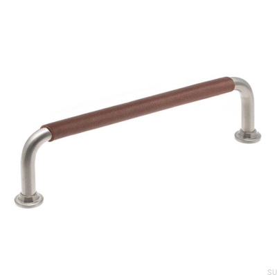 Poignée de meuble oblongue LS 1353 128 Nickel brossé et cuir marron