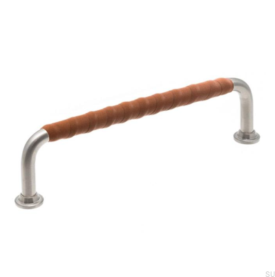 Poignée de meuble oblongue LL 1353 128 Nickel brossé et cuir marron