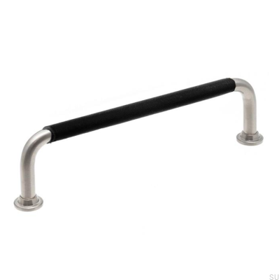 Poignée de meuble oblongue LS 1353 128 Nickel brossé et cuir noir