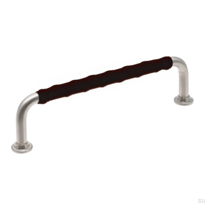 Poignée de meuble oblongue LL 1353 128 Nickel brossé et cuir noir