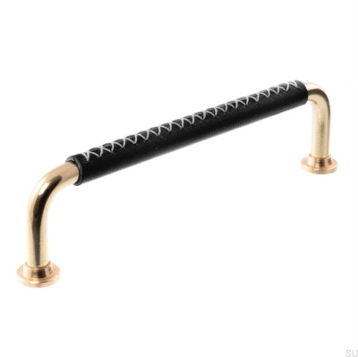 Poignée de meuble oblongue LX 1353 128 Laiton Poli et Cuir Noir