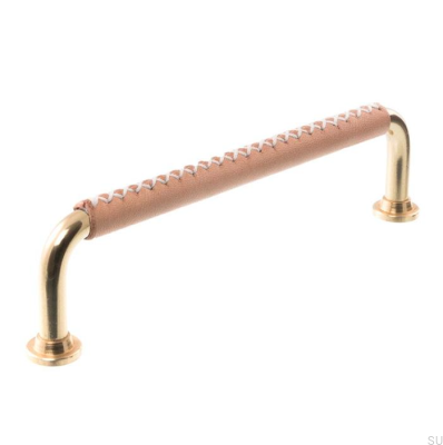 Poignée de meuble allongée 1353 128 Laiton poli avec cuir