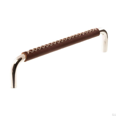 Poignée de meuble oblongue LX 7353 96 Nickel Poli et Cuir Marron