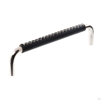 Poignée de meuble oblongue LX 7353 96 Nickel Poli et Cuir Noir