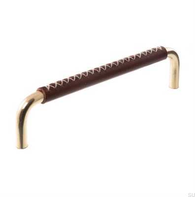 Poignée de meuble oblongue 7353 96 Laiton poli et cuir marron foncé